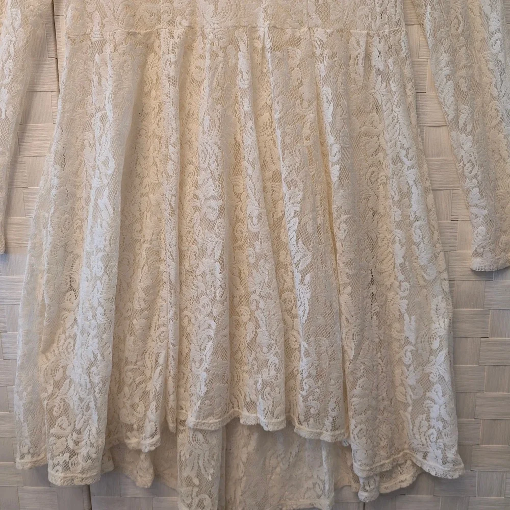 Free People Ivory Floral Lace Mock Neck Long Sleeve High-Low Mini Dress‎ Large